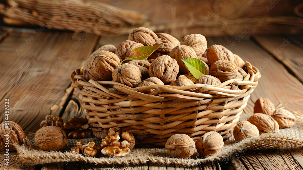 Basket of walnuts on wooden rustic background