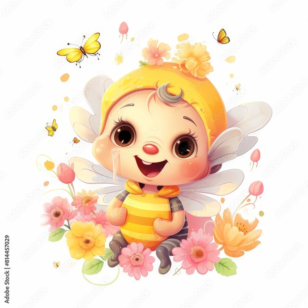 An illustration of cute happy cartoon bee wearing a yellow and black striped shirt and hat is sitting on a flower An illustration of cute happy cartoon bee wearing a yellow and black striped shirt and hat is sitting on a flower