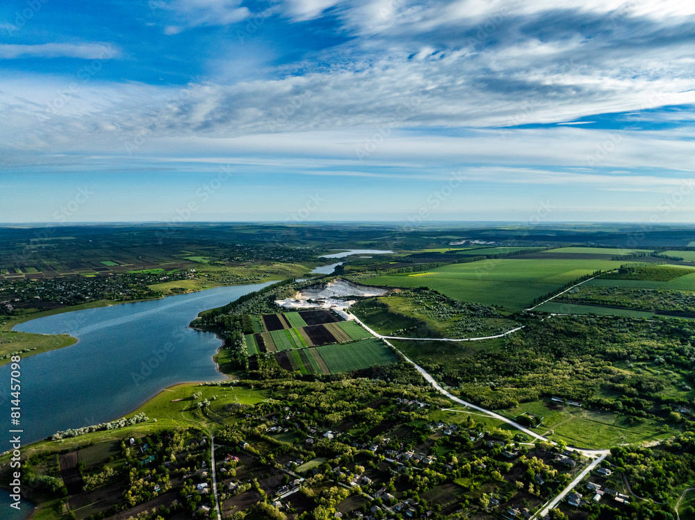 aerial view over Duruitoarea limestone quarry at the prut river shore on the north of moldova