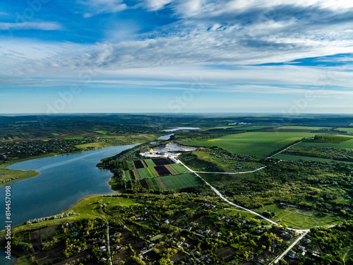 Obraz na płótnie aerial view over Duruitoarea limestone quarry at the prut river shore on the north of moldova w salonie