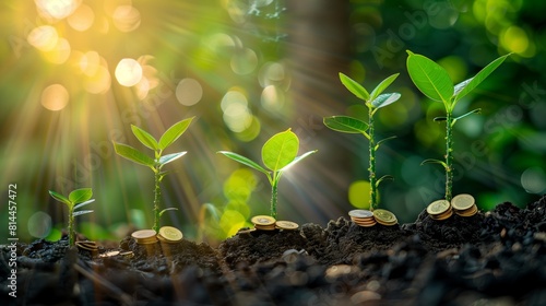 Financial Growth in Nature's Embrace: A Seedling Plants atop of a Pile of Coins Against a Green Background