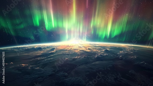 The Northern Lights as seen from Earth's orbit, a colorful display of aurora borealis over the polar region, a mesmerizing natural phenomenon. Created Using: Aurora borealis theme, polar region