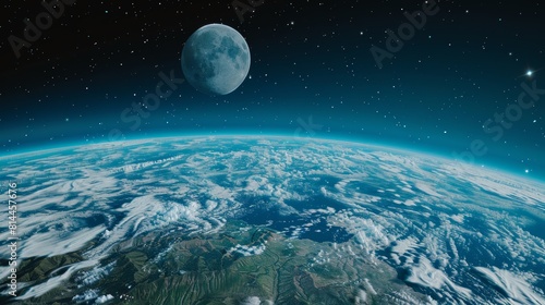A breathtaking view of Earth from space  showcasing its vibrant blue oceans  swirling clouds  and green landscapes  with the Moon in the background. Created Using  Space photography style 
