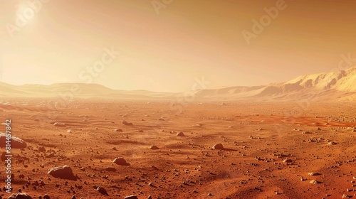 A panoramic view of Mars showing the iconic red dust and rocky terrain  with Olympus Mons visible in the distance under a pale sky. Created Using  Panoramic style  red dust detail  rocky terrain 