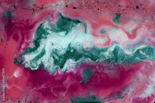 Abstract marble background. Different shades of pink, purple, magenta colors. White and turquoise chaotic spots in the middle. Sometimes black dots. White wavy. Photo of a fragment of an epoxy resin. photo