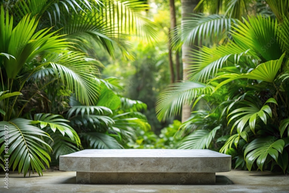 Fototapeta premium Empty stone podium in tropical garden background can be used for mocking up or display product to make advertising