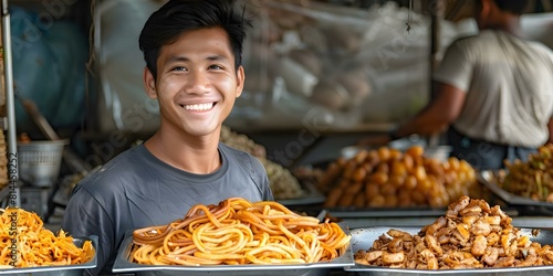 Smiling young man behind street food stall at market. Concept Street Food Vendor  Market Scene  Smiling Man  Food Stall  Outdoor Setting