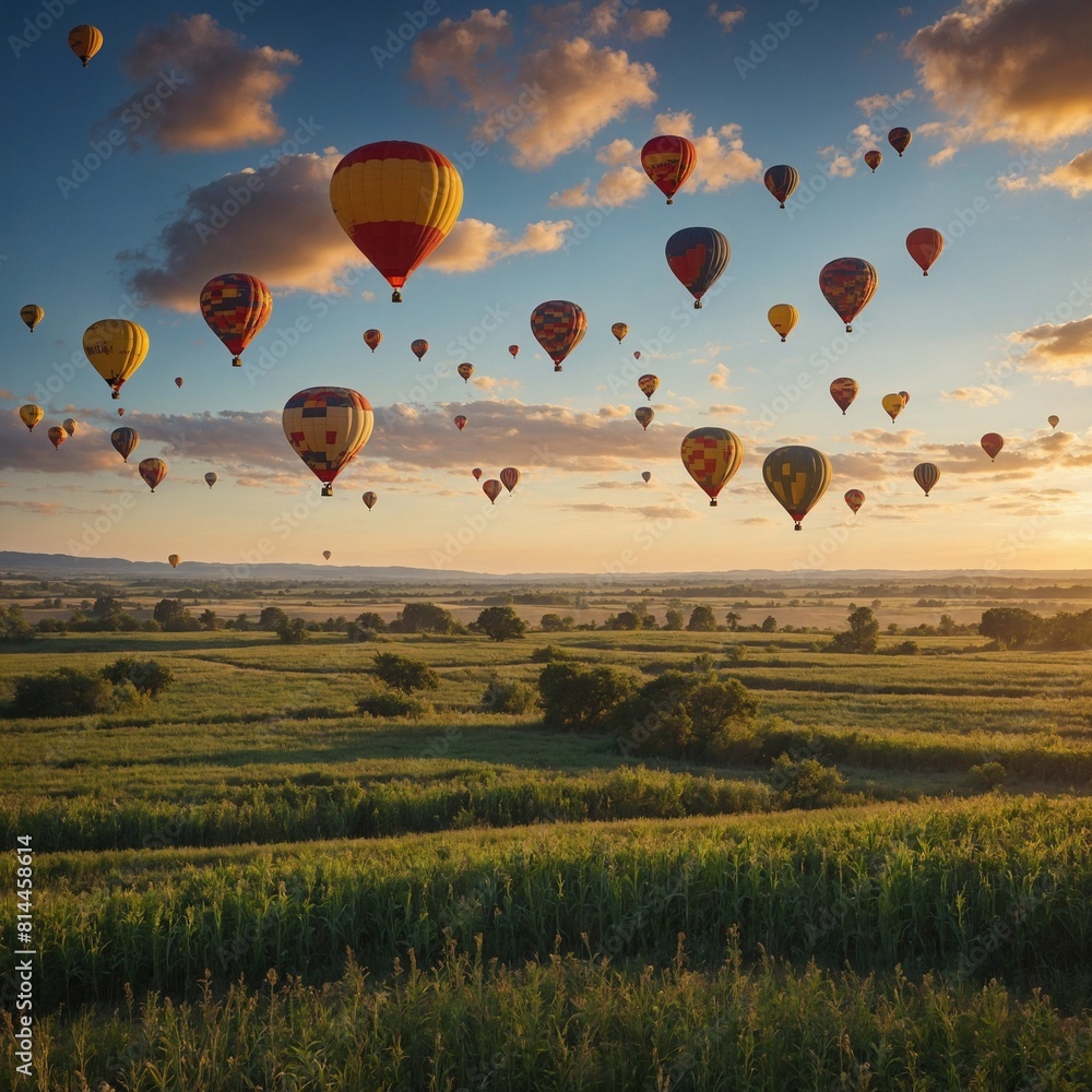 Fototapeta premium Embrace the spirit of National Camera Day with a vibrant shot of hot air balloons floating peacefully over a patchwork of fields. 