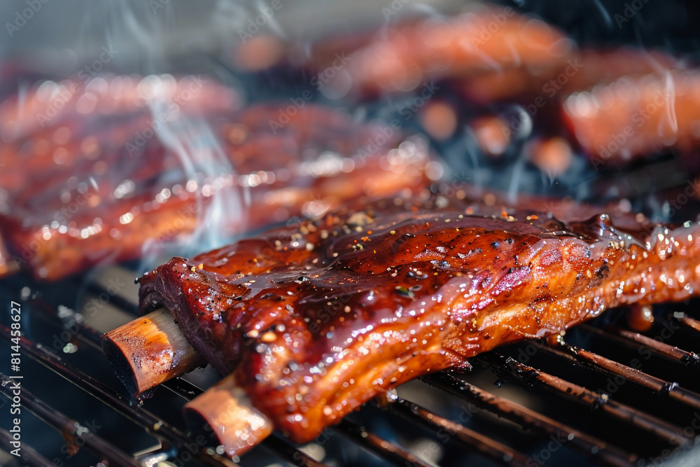 A detailed close-up view of succulent barbecue ribs with a smoky glaze, cooking slowly in a smoker or grill, with visible grill marks and a rich, caramelized exterior A detailed close-up view of succulent barbecue ribs with a smoky glaze, cooking slowly in a smoker or grill, with visible grill marks and a rich, caramelized exterior