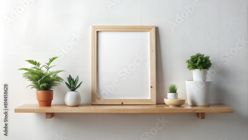 Wooden Shelf Frame Mockup  A wooden shelf with a frame mockup resting on it  offering a straightforward yet stylish presentation option for displaying images.  