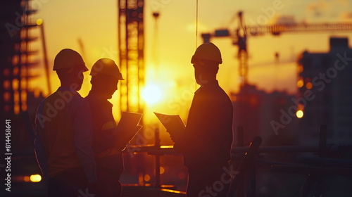 construction workers silhouette with crane on the background in sunset