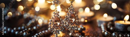 A pair of dramatic, large earrings on an ear, illuminated by the glow of candlelight, perfect for depicting luxury on a special evening photo