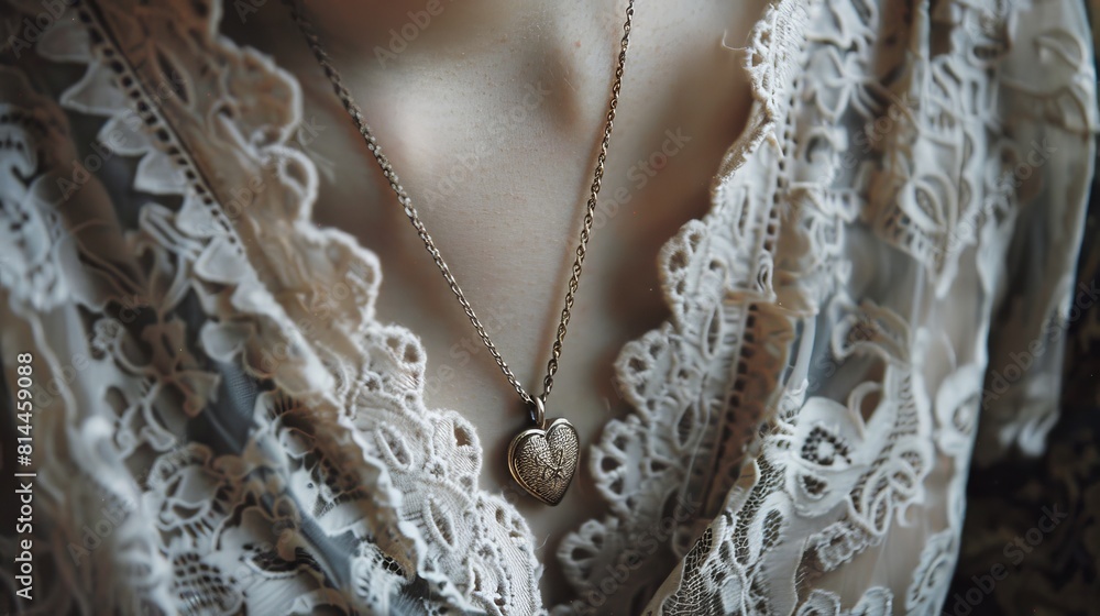 A neck showcasing a heartshaped pendant, set against a backdrop of vintage lace, invoking timeless love and cherished memories A neck showcasing a heartshaped pendant, set against a backdrop of vintage lace, invoking timeless love and cherished memories