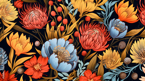 Isolated native flowers seamless patterns in vibrant vintage style art background poster decorative painting 