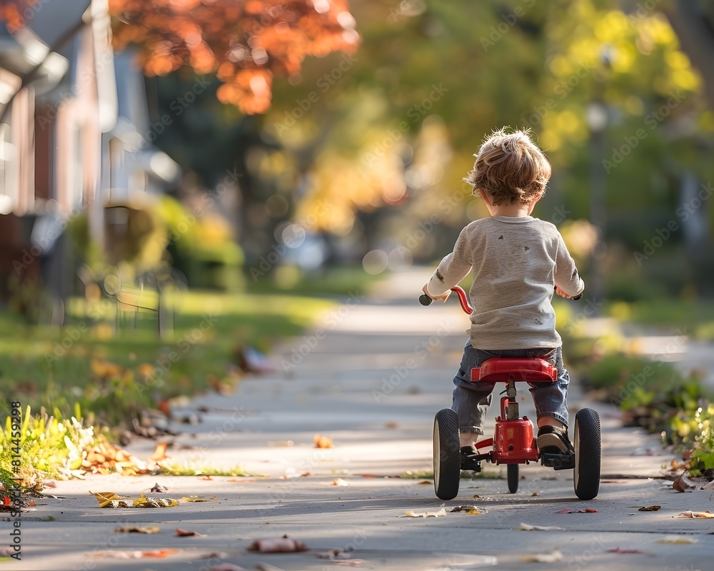 Carefree Childhood on a Suburban Sidewalk with a Tricycle Carefree Childhood on a Suburban Sidewalk with a Tricycle