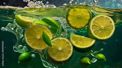 Video animation of slices of citrus fruit specifically lemons and limes submerged in water. Bubbles dance around the fruit, creating a dynamic and refreshing scene photo
