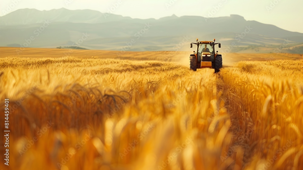 Fototapeta premium Tractor Traversing Expansive Golden Wheat Field During Bountiful Harvest Season