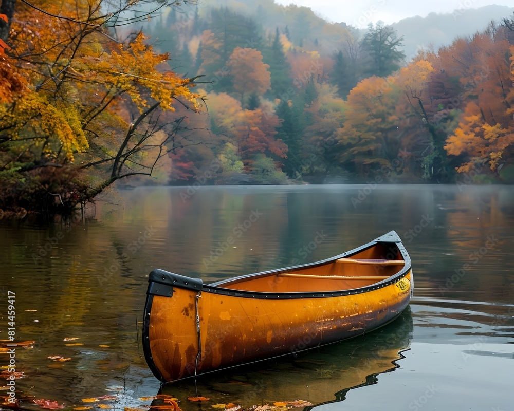 Autumn Tranquility Canoe Floating on Serene Forested Lake with Vibrant Foliage Autumn Tranquility Canoe Floating on Serene Forested Lake with Vibrant Foliage