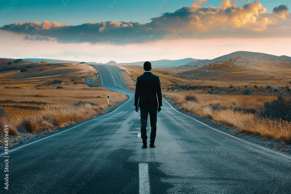 A determined businessperson in formal attire stands at the beginning of a long, winding road that stretches into the horizon, symbolizing the start of a challenging career journey A determined businessperson in formal attire stands at the beginning of a long, winding road that stretches into the horizon, symbolizing the start of a challenging career journey