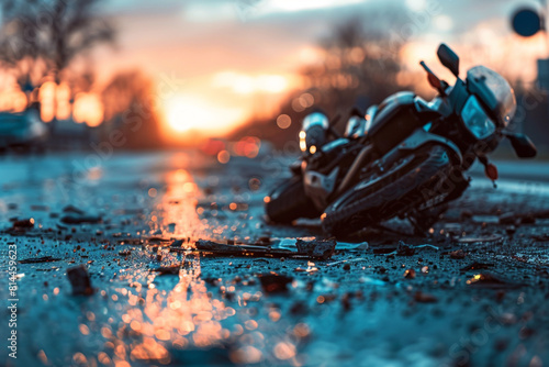A devastating traffic collision scene showing a damaged motorcycle after a severe accident with a car, highlighting the crash site with debris scattered on the road  photo