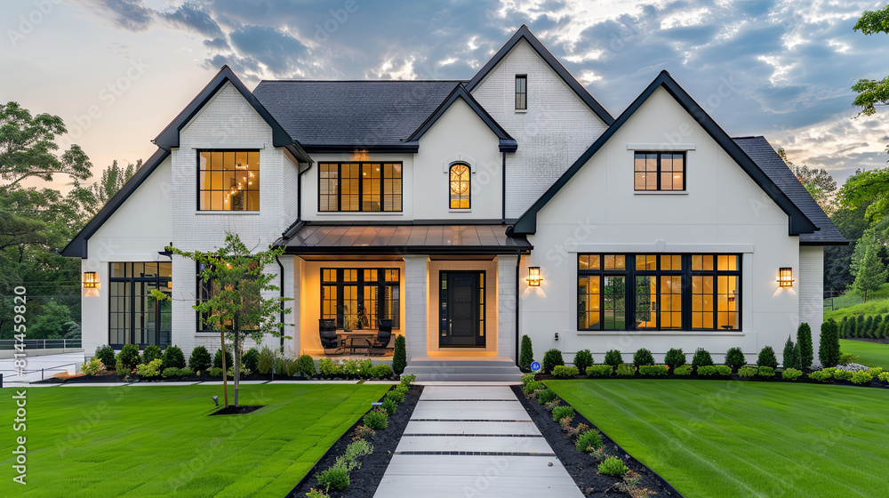 White luxurious house with a green lawn in front of the house White luxurious house with a green lawn in front of the house