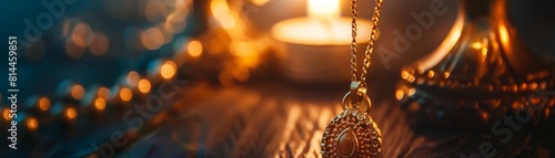 A dramatic closeup of a gold necklace with a traditional pendant on a neck, illuminated by candlelight to create a warm, inviting glow photo