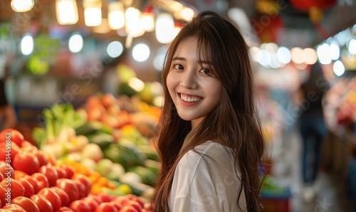 An Asian girl chooses fresh produce at a Chinese street market. Smiling, she invites you to get to know the bright world of culinary research better. © Helen