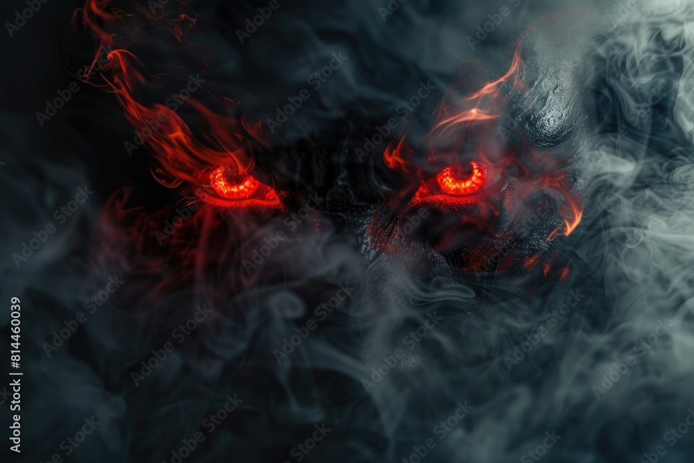 Fototapeta premium fiery red eyes appeared from the darkness. spooky foggy background