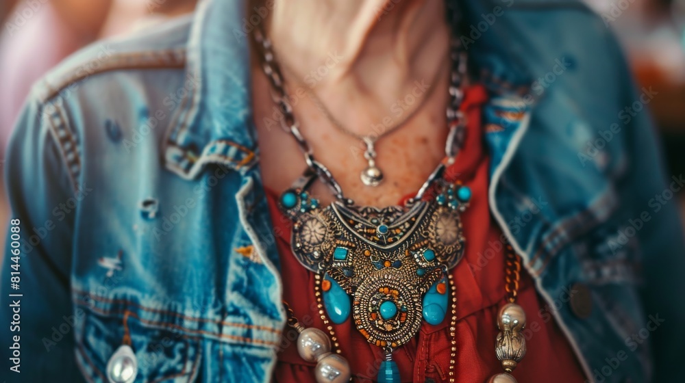 A closeup of a handcrafted necklace on a neck, captured during a family gathering, illustrating the necklace as a centerpiece of shared stories and memories