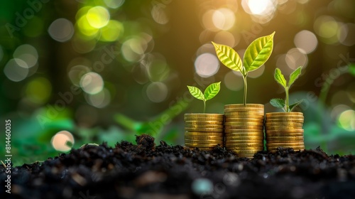 Financial Growth in Nature's Embrace: A Seedling Plants atop of a Pile of Coins Against a Green Background