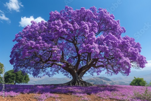 Jacaranda Tree in Full Bloom  Purple flowers covering the branches. 