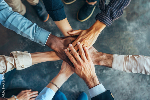 A diverse group of professionals in a huddle, hands stacked, symbolizing strong teamwork, collaboration, and partnership in a corporate environment  