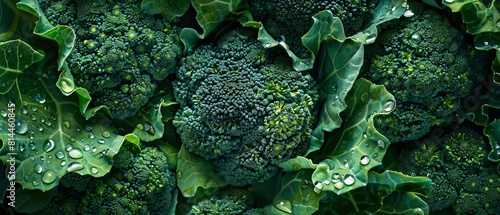 Produce a digital artwork depicting a close-up eye-level angle of fresh, vibrant broccoli florets with dew drops, showcasing intricate textures and rich shades of green photo