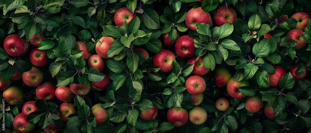 Produce a photorealistic digital artwork of an aerial view of a luscious, ripe apple orchard, showcasing vibrant shades of green and red, evoking a sense of freshness and abundance