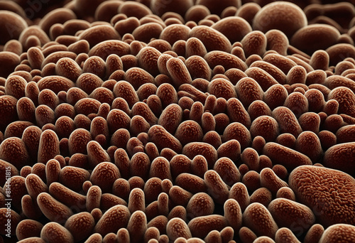 3D rendering of bacteria under microscope, showing detailed texture and structure, scientific concept