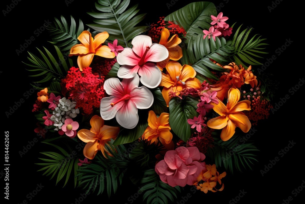 a bunch of beautiful and colorful tropical flowers on black background