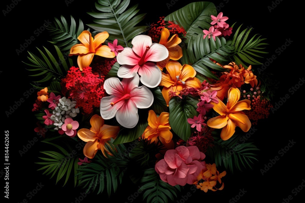 a bunch of beautiful and colorful tropical flowers on black background a bunch of beautiful and colorful tropical flowers on black background