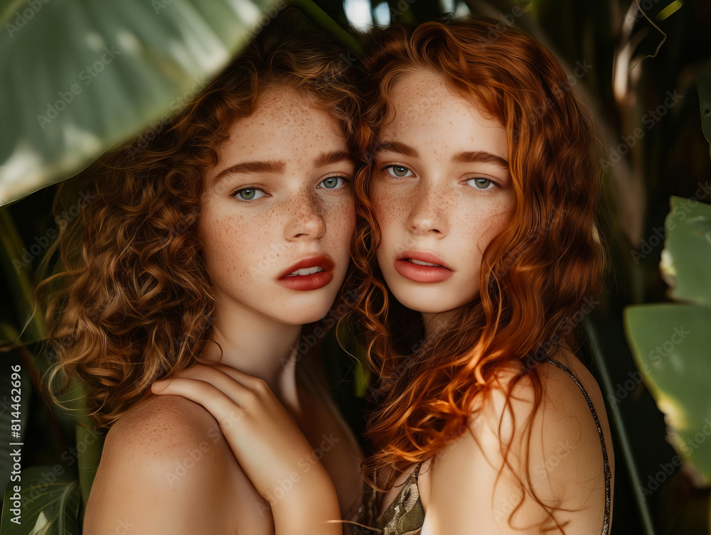 Two young girls with freckled hair posing in the leaves. Two young girls with freckled hair posing in the leaves.
