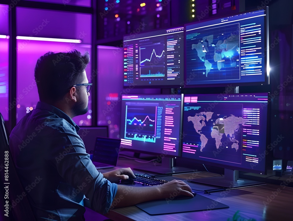 Cloud Engineer Monitoring Virtual Server Infrastructure on Multiple Screens in Tech Workspace Cloud Engineer Monitoring Virtual Server Infrastructure on Multiple Screens in Tech Workspace