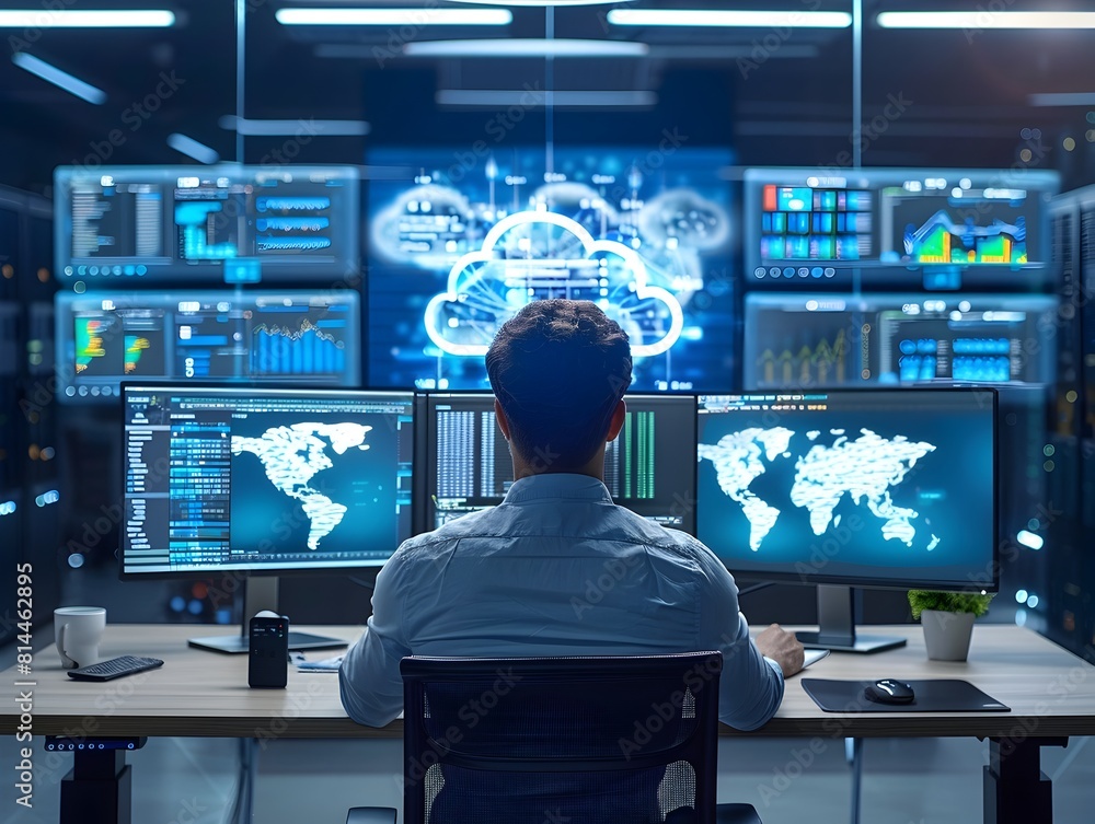 Cloud Computing Engineer Monitoring Virtual Server Infrastructure on Multiple Screens Cloud Computing Engineer Monitoring Virtual Server Infrastructure on Multiple Screens