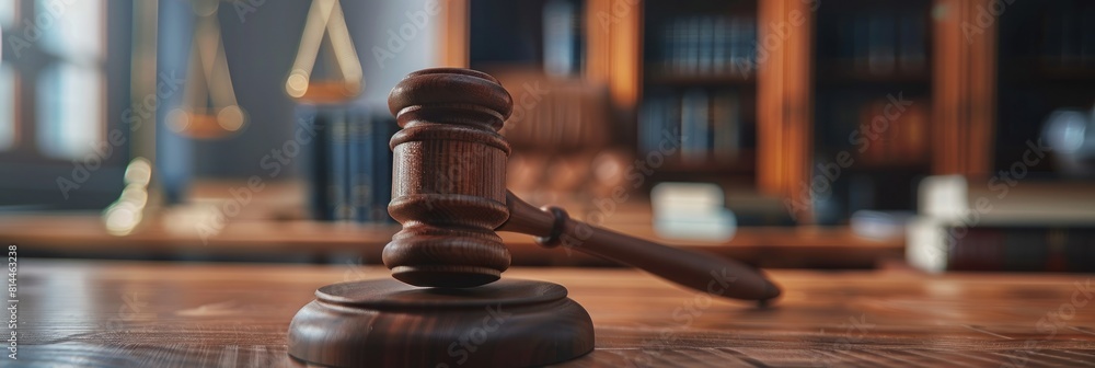 Classic Wooden Gavel on Law Books in a Traditional Courtroom Setting - Generative AI Classic Wooden Gavel on Law Books in a Traditional Courtroom Setting - Generative AI