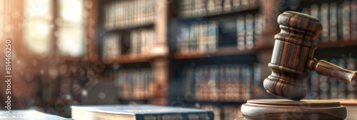 Classic Wooden Gavel on Law Books in a Traditional Courtroom Setting - Generative AI photo