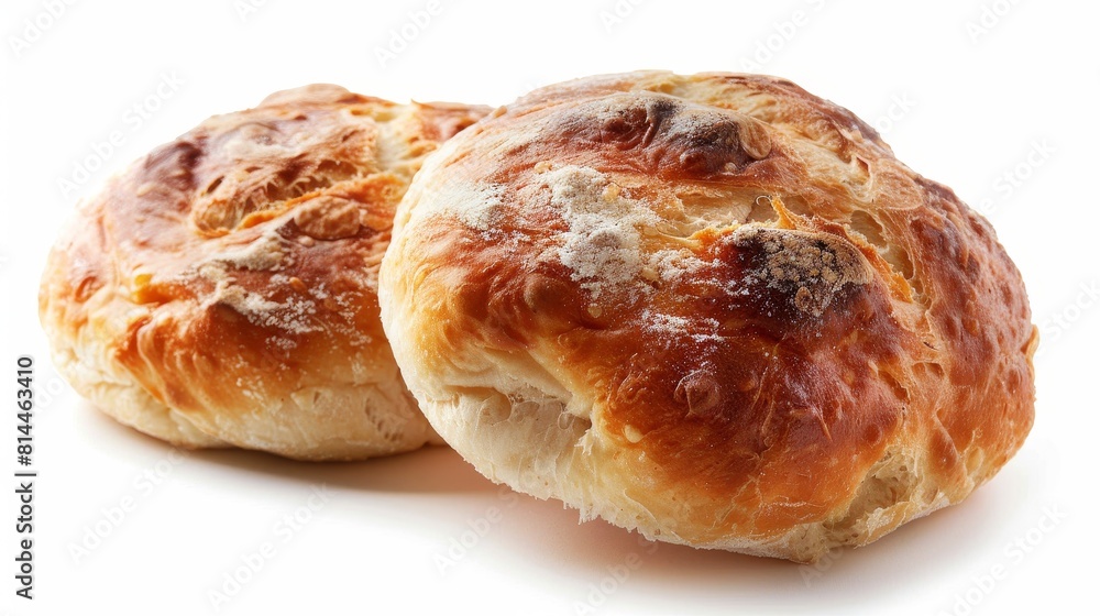 Close-up of ciabatta buns with a crusty exterior and soft, chewy interior, showcasing their rustic look, ideal for burgers, isolated background, studio lighting