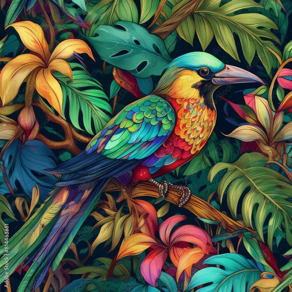 Fototapeta premium a seamless pattern featuring intricately detailed tropical birds and lush jungle foli