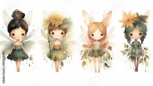 Four cute fairies with watercolor texture, they are wearing green dresses and have different hairstyles.