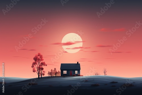 a small house in the middle of a field. The sky is a deep pink color.