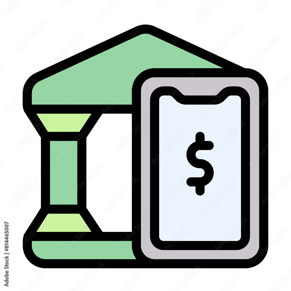 Online Bank Icon With Line Flat Color Style Online Bank Icon With Line Flat Color Style