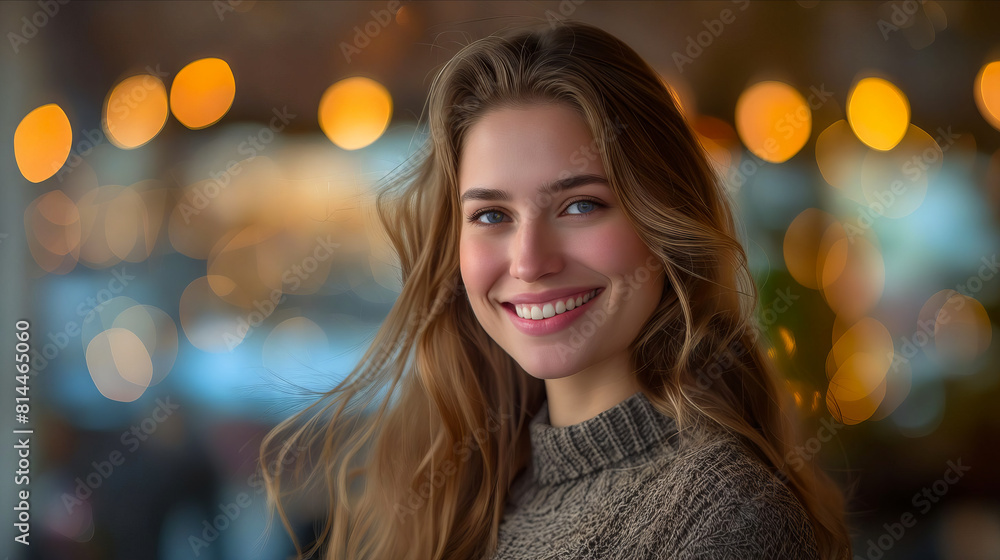 A woman smiling in front of a restaurant. A woman smiling in front of a restaurant.