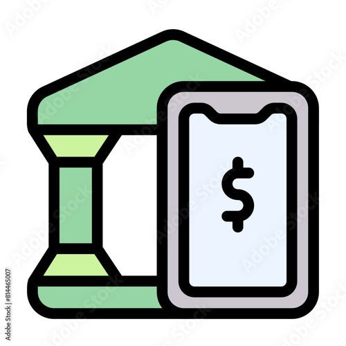 Online Bank Icon With Line Flat Color Style
