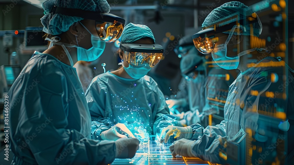 Doctors perform surgery in a hospital with augmented virtual reality AR headsets, modern medical environment illuminated by holographic display 3d futuristic digital artwork, advanced high technology Doctors perform surgery in a hospital with augmented virtual reality AR headsets, modern medical environment illuminated by holographic display 3d futuristic digital artwork, advanced high technology